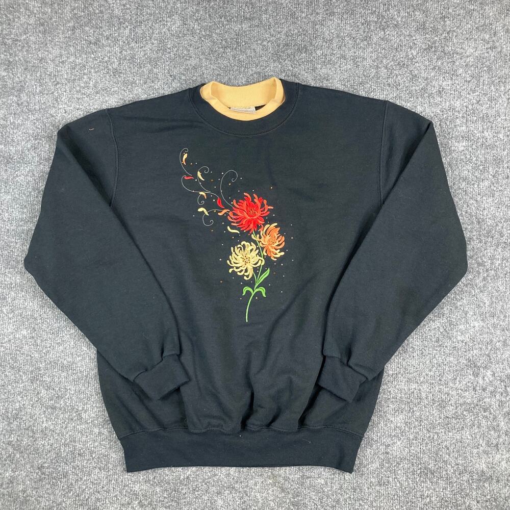 Floral Sweatshirt Womens Size M Black Yellow Collar Flower Graphic Crew Pullover